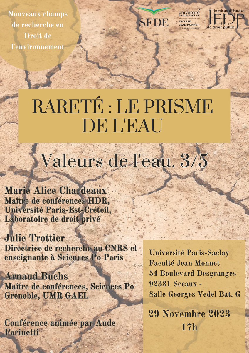 Faculté Jean Monnet Paris-Saclay Officiel (@fjmofficiel) on Twitter photo Conférences
Nouveaux champs de recherche en Droit de l’environnement
RARETÉ : LE PRISME DE L’EAU
Valeurs de l’eau. 3/5
Mercredi 29 novembre 2023,
à 17h, Faculté Jean Monnet (Droit, Économie, Gestion) - Université Paris-Saclay <a href="/UnivParisSaclay/">Université Paris-Saclay</a> <a href="/InstitutDroit/">Institut d’Etudes de Droit Public (IEDP)</a> Conférences
Nouveaux champs de recherche en Droit de l’environnement
RARETÉ : LE PRISME DE L’EAU
Valeurs de l’eau. 3/5
Mercredi 29 novembre 2023,
à 17h, Faculté Jean Monnet (Droit, Économie, Gestion) - Université Paris-Saclay <a href="/UnivParisSaclay/">Université Paris-Saclay</a> <a href="/InstitutDroit/">Institut d’Etudes de Droit Public (IEDP)</a>