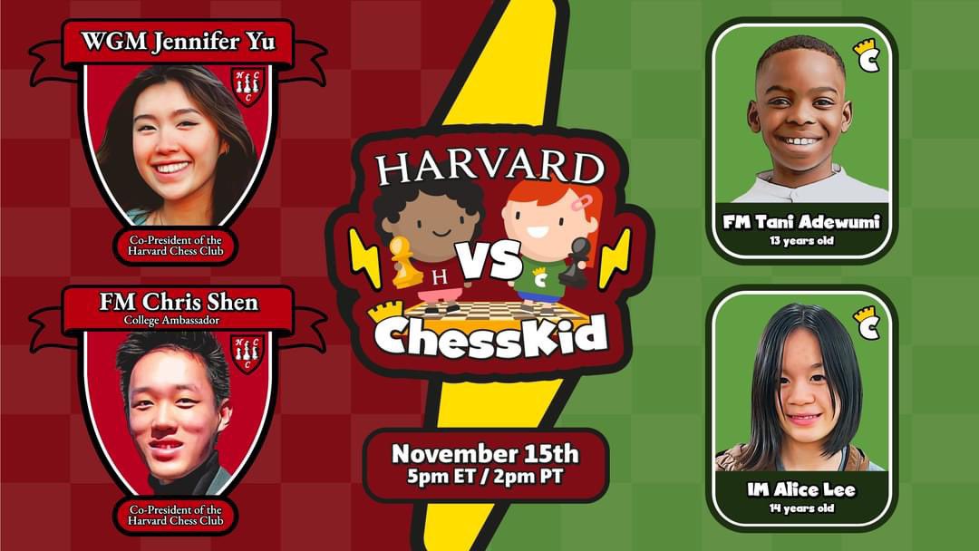 Harvard Chess Club 🤝 ChessKids Can two strong college students beat our rising ChessKid stars in a thrilling 'hand and brain' match? 🧠♟️ Find out this Wed, Nov. 15, at 2 p.m. PT on twitch.tv/chesskid. #HarvardvsChessKid