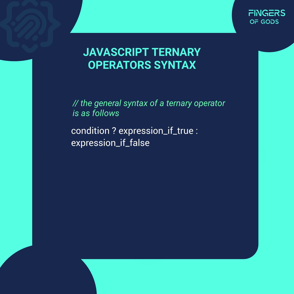 Fingersofgods's tweet image. 2/ 🤔 Syntax:
The syntax of ternary operators after basically simple and very straight forward as you can see below, I'll go on ahead to break it down.
#JavaScript #ProgrammingConcepts #reactjs #FrontEnd
