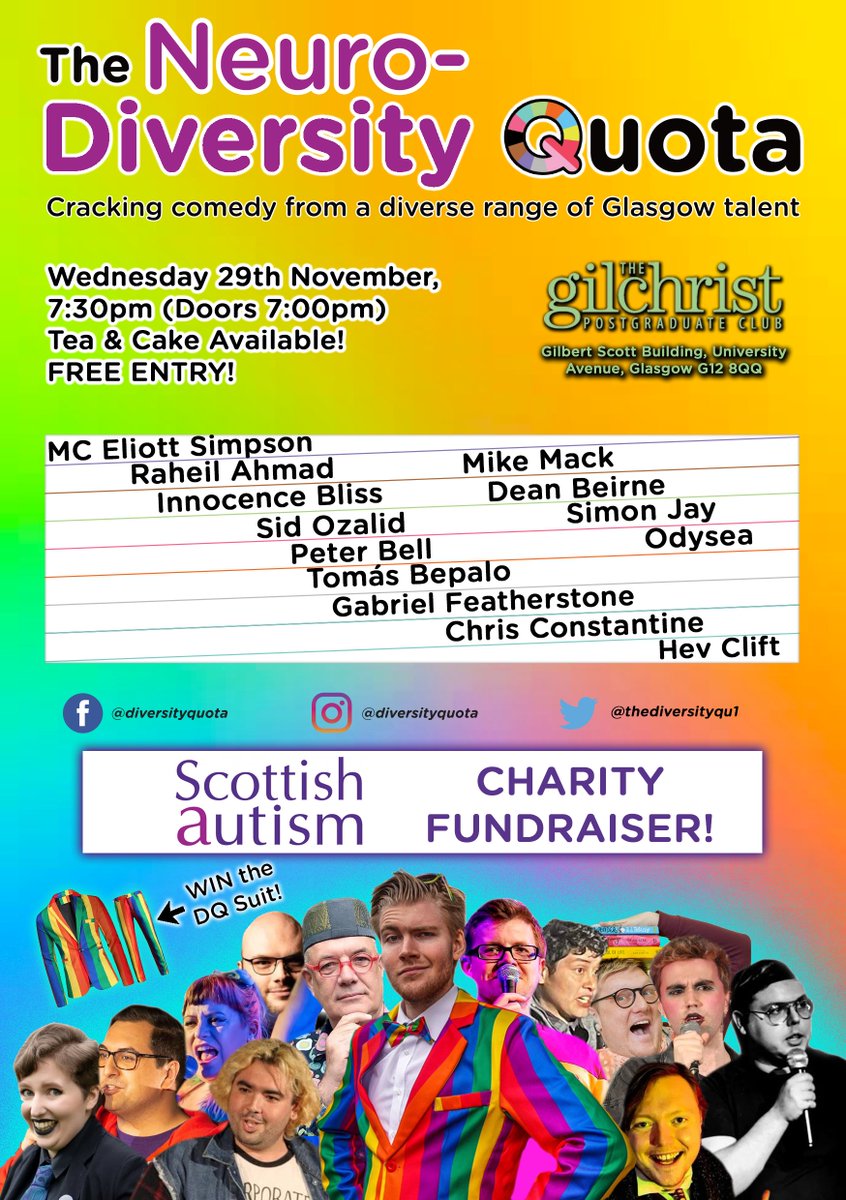 🚨 ANNOUNCEMENT 🚨 We're proud to announce 'The Neuro-Diversity Quota', a charity fundraiser comedy show featuring 13 Neurodiverse Comedians in aid of @scottishautism!💜 Join us at @TheGilchristPG on Wed 29th November at 7pm for a fantastically funny evening of FREE comedy!💜