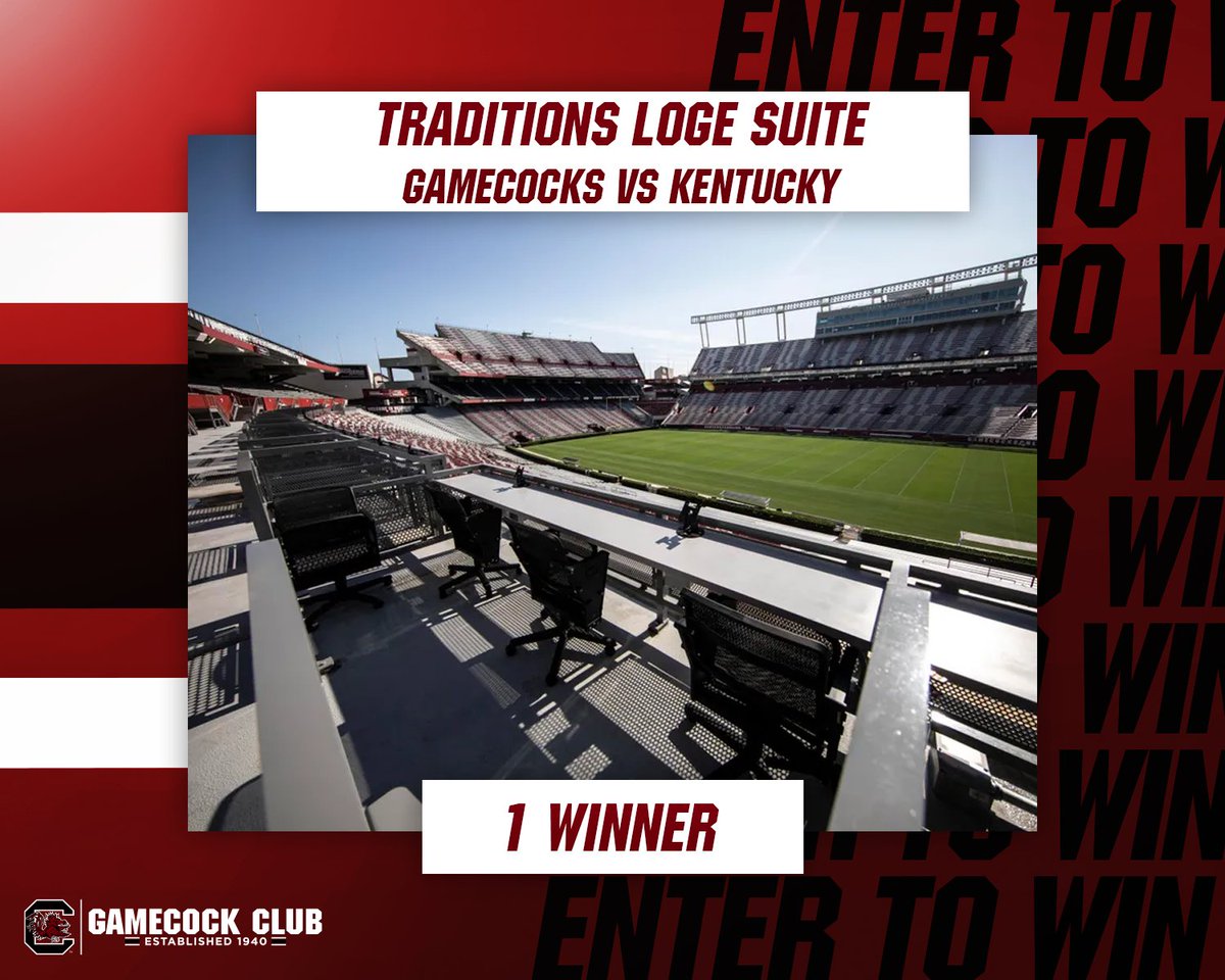 The Gamecock Club (@thegamecockclub) on Twitter photo ๐๐ป๐๐ฒ๐ฟ ๐๐ผ ๐ช๐ถ๐ป
Like and Retweet for a chance to win a Traditions Loge Suite which includes ๐๐ค๐ช๐ง tickets to the <a href="/GamecockFB/">South Carolina Football</a> game vs Kentucky!
<a href="/GamecocksOnline/">South Carolina Gamecocks</a> | #ForevertoThee ๐๐ป๐๐ฒ๐ฟ ๐๐ผ ๐ช๐ถ๐ป
Like and Retweet for a chance to win a Traditions Loge Suite which includes ๐๐ค๐ช๐ง tickets to the <a href="/GamecockFB/">South Carolina Football</a> game vs Kentucky!
<a href="/GamecocksOnline/">South Carolina Gamecocks</a> | #ForevertoThee