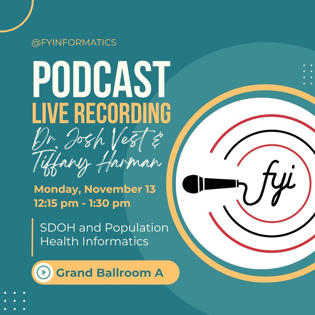 Join us at #AMIA2023 TODAY at 12:15 pm in Grand Ballroom A for a live podcast recording! Don't miss out on Dr. Josh Vest and Tiffany Harman discussing their expertise in Social Determinants of Health and Population Health Informatics. #listenandshare <a href="/AMIAinformatics/">AMIA</a>