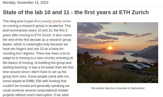 new blog post - State of the lab years 10 and 11. A nearly yearly series on running a group in academia. This one covers the start of the lab at ETH, adapting to ETH Zurich and our commitments for research for the first 5 years of the group.  evocellnet.com/2023/11/state-…