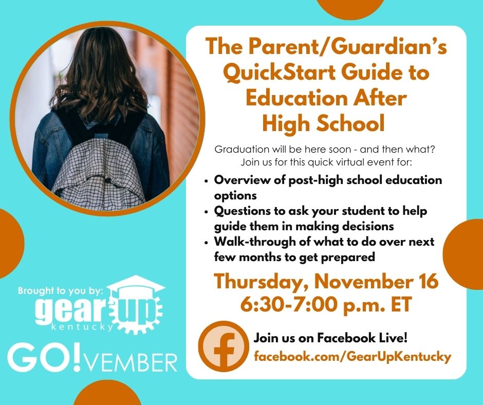 THIS THURSDAY! Parents/guardians, join in the #KYFamEngage2023 fun by participating in this Facebook Live event on 11/16 at 6:30 p.m. ET! More info: fb.me/e/4Crbnp7Ux #GOvemberKY @CPENews @cpepres @KHEAA @advisingky @PrichardCom