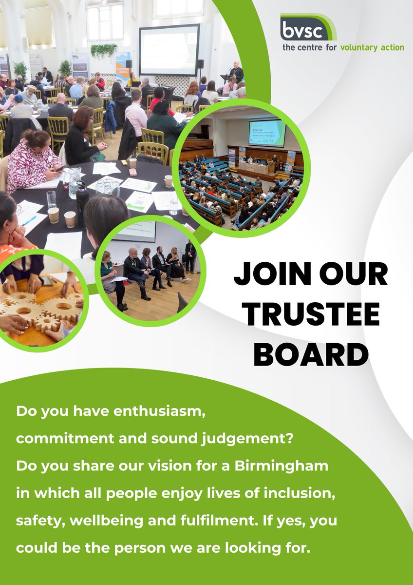 Do you have enthusiasm, commitment and sound judgement?  Do you share our vision for a Birmingham in which all people enjoy lives of inclusion, safety, wellbeing and fulfilment. If yes, you could be the person we are looking for.
#Trustees #BrumVolunteers
tinyurl.com/4tp9rbfn