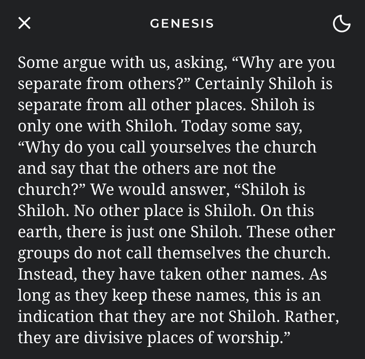 cr_willow's tweet photo. “Some argue with us, asking, “Why are you separate from others?” Certainly Shiloh is separate from all other places. Shiloh is only one with Shiloh.”
#LSGenesis Msg 103 #Dan #Shiloh https://t.co/zZ9UKob1nk