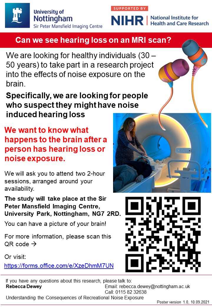 @UniofNottingham is recruiting healthy volunteers aged 30 to 50 years who suspect they may have noise-induced hearing loss to take part in an #NIHRfunded MRI study.

If you are interested in taking part, scan the QR code below or visit: bit.ly/Noisestudy

#BePartofResearch