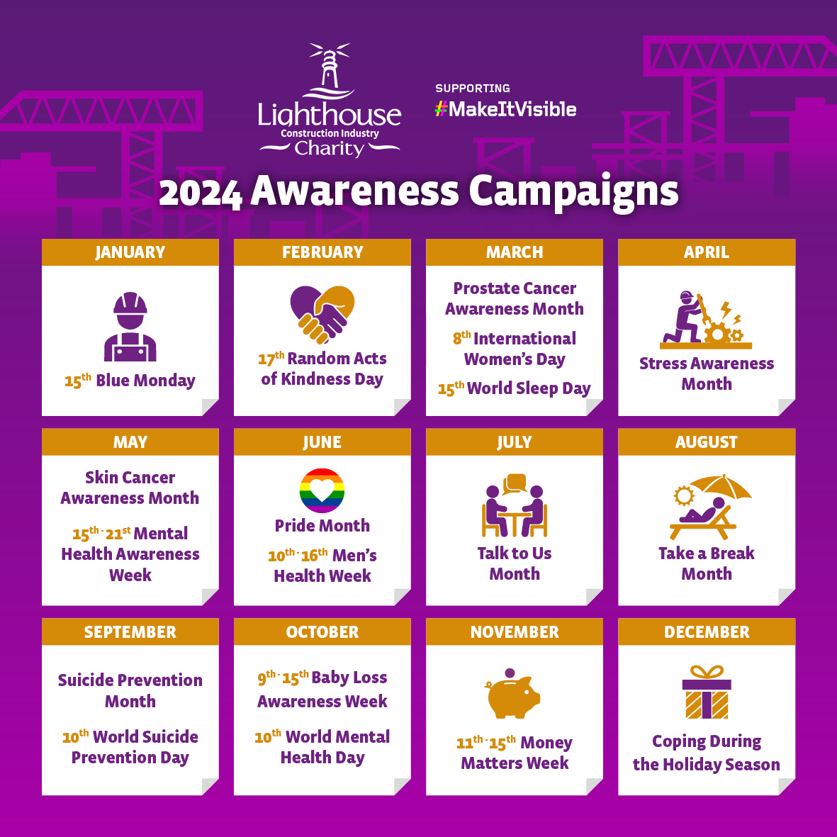 Lighthouse Charity Awareness Calendar 2024 📅

Look out for our monthly campaigns online and in your emails, and help us raise awareness by sharing our content so that it reaches as many of our construction community as possible.

#LighthouseCharity #mentalhealthinconstruction