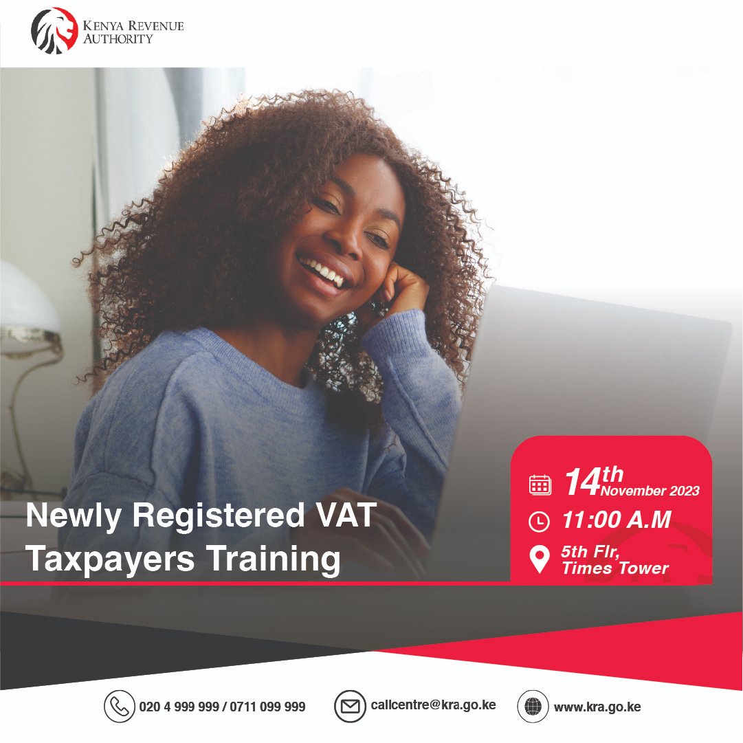 KRACare's tweet photo. Join our tax training session tomorrow on 📍 5th Floor Convention Centre, Times Towers to learn how to file your returns accurately and efficiently.
#VAT #KRATraining https://t.co/OcwgIffkMN