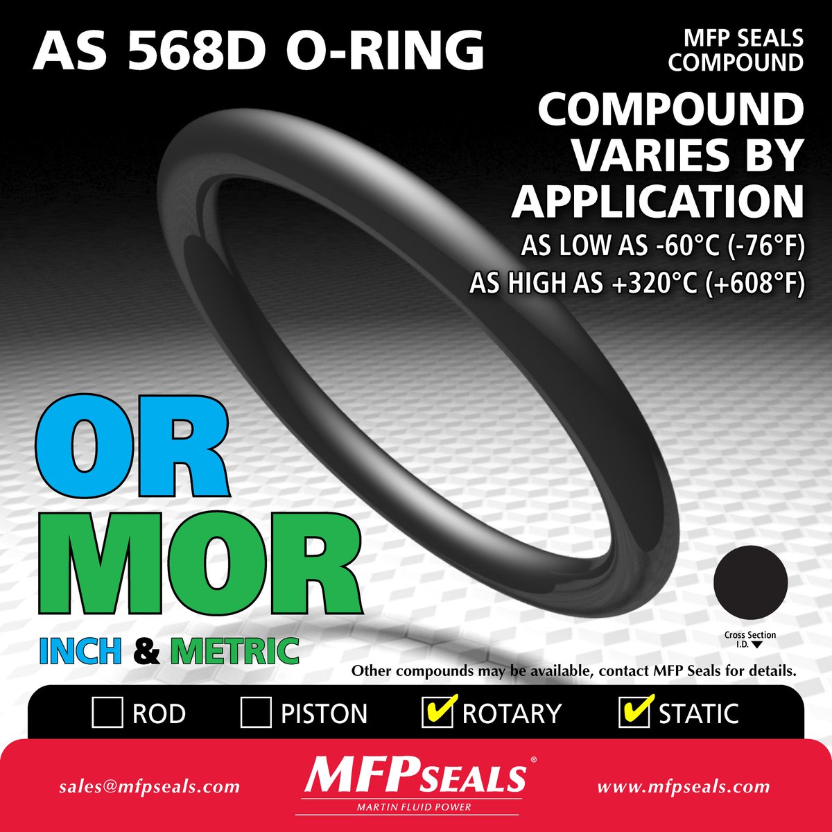 SEAL SPOTLIGHT
MFP Seals produces O-Rings in Inch & Metric sizes. Inch O-Rings are made to AS568D standards while Metric O-Rings are available in BS2518, GB/T 3452.1, J.I.S. B2401, SMS1586, & standard Metric sizes. Over 40 compounds available. Contact #MFPseals for O-Rings today.