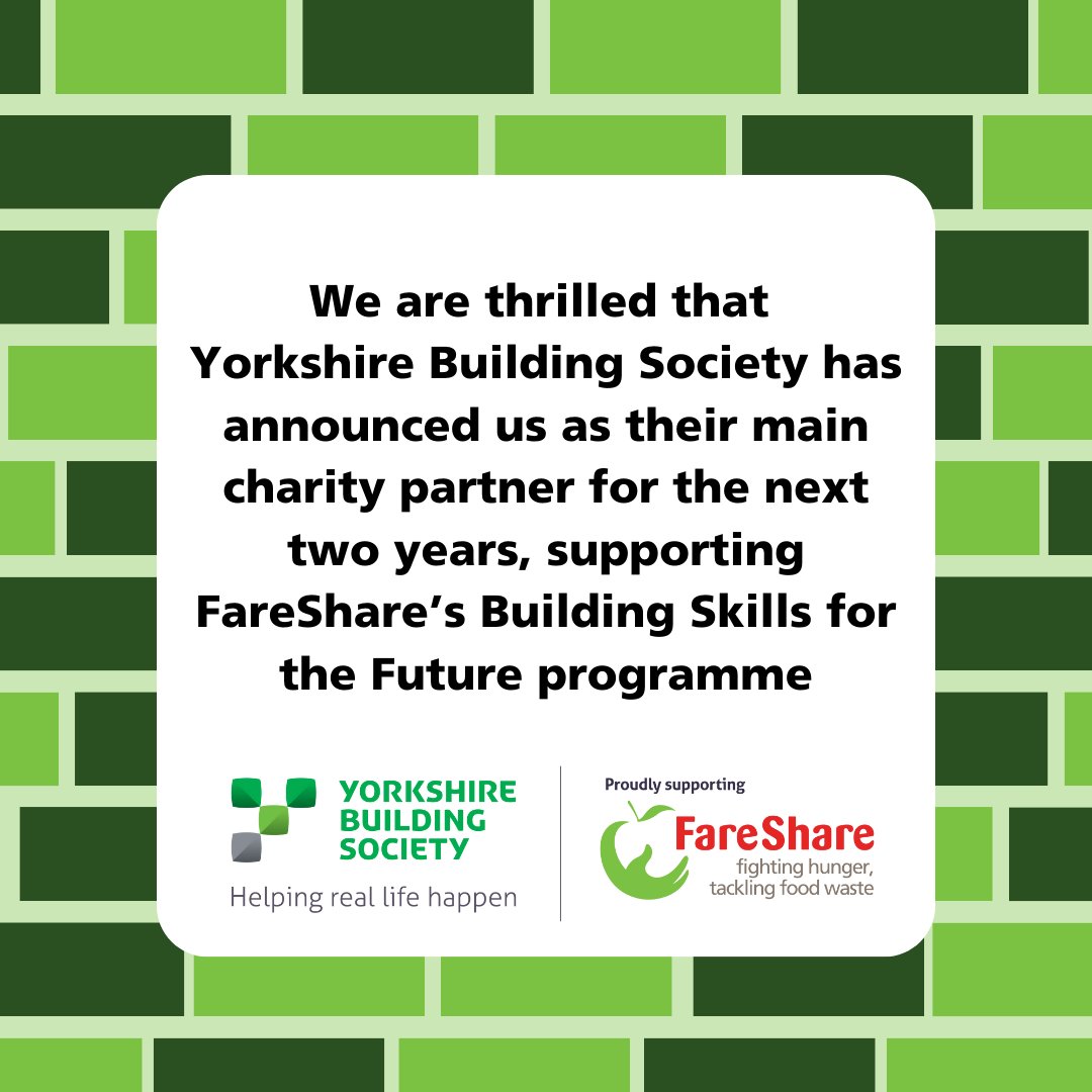 We are so excited to announce that FareShare is partnering with @Yorkshire_BS as their Charity of the Year for the next two years, aiming to raise £1 million to support an employability programme that will help prepare 2,500 people to enter the world of work 💚