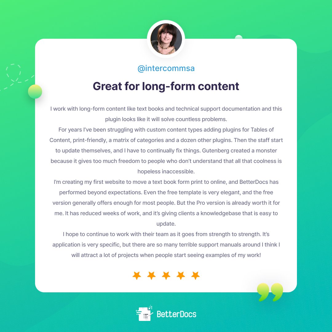 WPDevTeam's tweet image. 🚀 Got an excellent review for #BetterDocs, and we are delighted!

Discover how BetterDocs simplifies knowledge base management, increases efficiency, and makes creating documentation a breeze for one of our valued customers.📚

#WordPress #CustomerReview