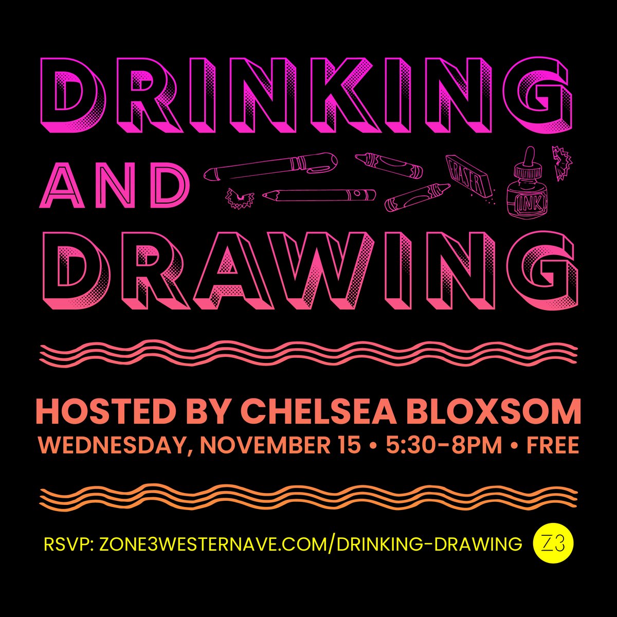✨Join Chelsea Bloxsom this Wednesday for a laid-back night of 🍂👹autumnal monsters 👹🍂 – the more eyes, limbs, teeth, and fur the better! 👁️👁️👁️

Free RSVP: zone3westernave.com/drinking-drawi…