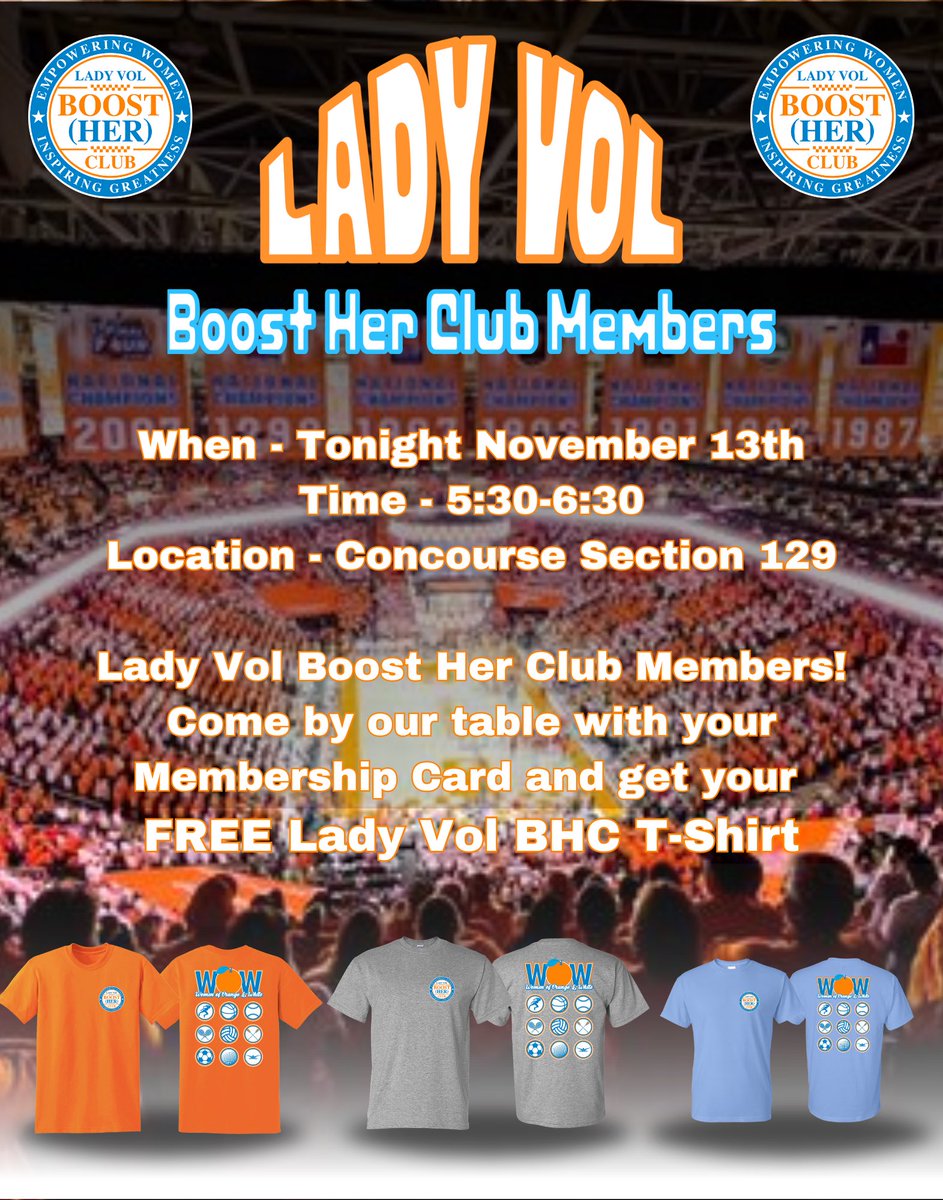 Are you a Lady Vol Boost Her Club Member? Awesome!! Come by our table tonight before the game and pick up your FREE Lady Vol Boost Her Club T-shirt. Please bring your membership card. Not a member Join Now tonight at our table 🏀🧡 @LadyVol_Hoops @SaraPuckett13 @tamarikey___