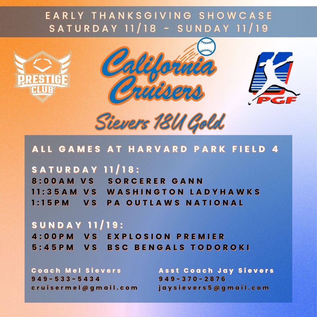 Last event of the season coming right up! Catch us at @pgfnetwork Early Thanksgiving Showcase. Looking forward to connecting with college coaches. We have a roster full of talented students athletes ready to go.💙🧡#californiacruisers #calcruisers