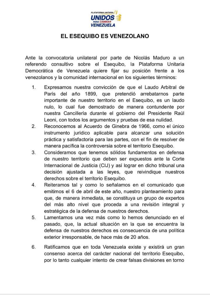 unidadvenezuela's tweet photo. La Plataforma Unitaria Democrática de Venezuela fija posición este #13Nov, ante la convocatoria unilateral de Nicolás Maduro a un referendo consultivo sobre el Esequibo https://t.co/dqkm2lzL1n