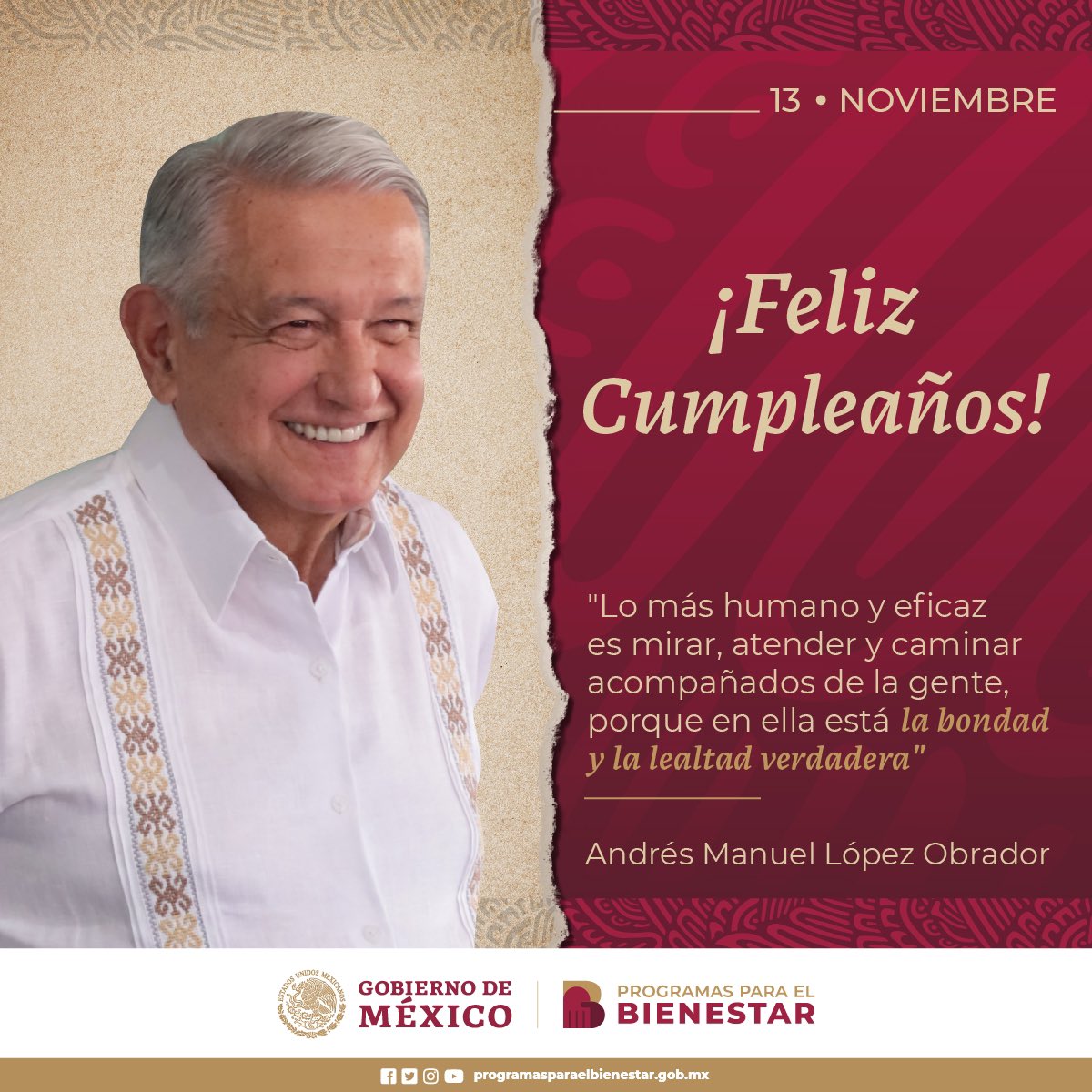 SLPBienestar's tweet photo. La Delegación de Programas para el Bienestar en San Luis Potosí, desea un muy feliz cumpleaños, al ciudadano Presidente de México, Lic. Andrés Manuel López Obrador. 

13 de noviembre 🎂. 

#ConstruyendoBienestar https://t.co/n6LiMVzJ1Q