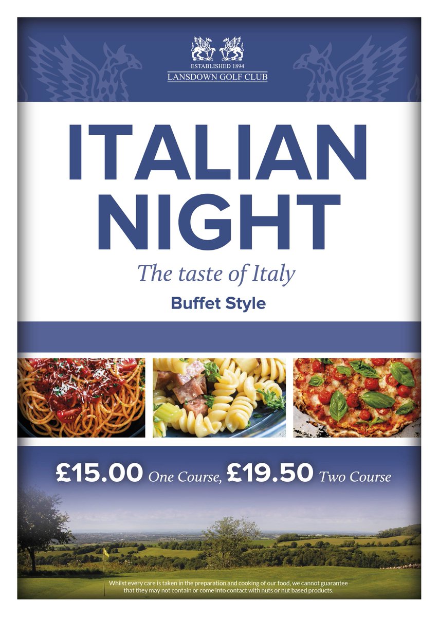 Fancy a taste of Italy? Why not come along to our Italian Night at Lansdown Golf Club on the 22nd of November?

With many different Italian treats on offer its sure to be a night to remember! 

Call the bar for more info or to book - 01225 422138