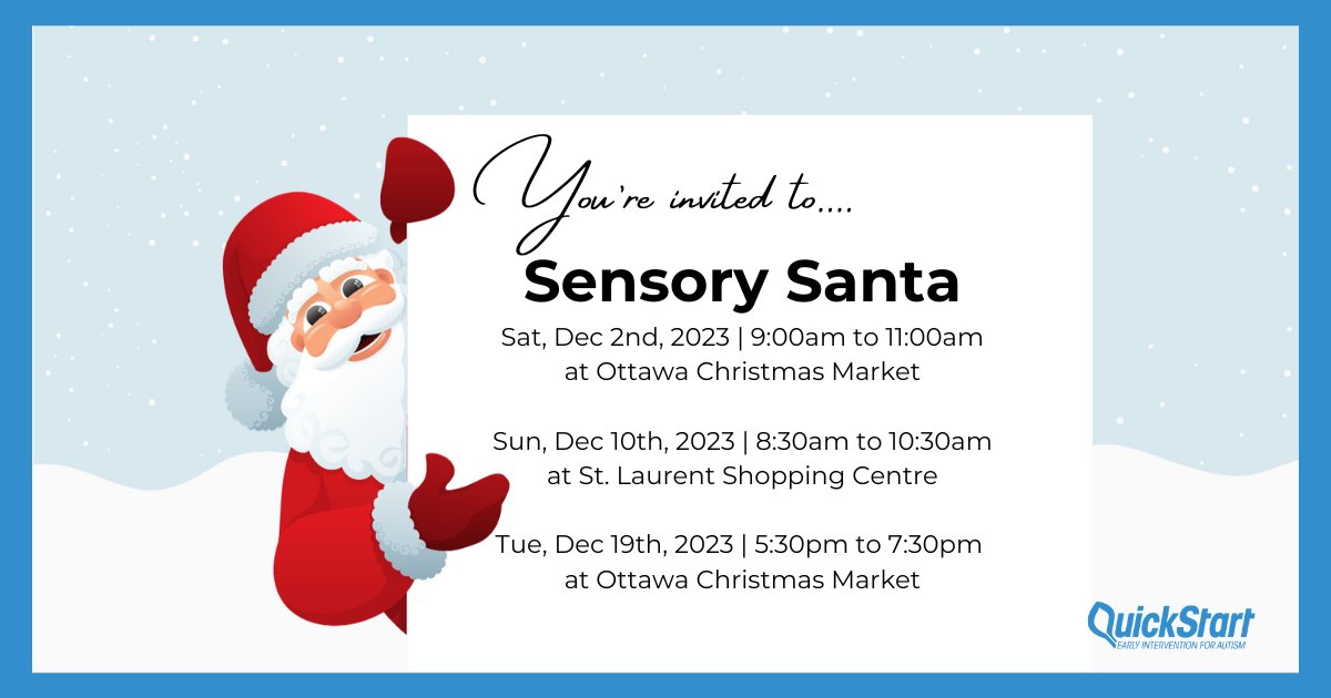 Santa’s on his way to Ottawa for #SensorySanta, QuickStart Autism's program where Santa sets aside time to provide a sensory-friendly environment so that kids on the #autism spectrum have a chance to meet with #Santa, too.

Reserve your time with Santa quickstartautism.ca/events/sensory…