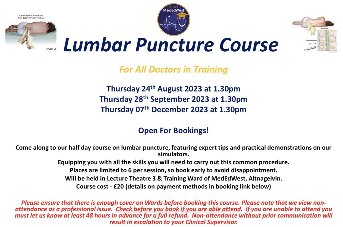📣 Attention Doctors within the <a href="/WesternHSCTrust/">Western Trust</a> there are 3 spaces available for our highly popular Lumbar Puncture Course on 7th December 2023 in Altnagelvin. Please visit our #MedEdWest Medics homepage or upcoming events page for more details regarding booking a place 💉