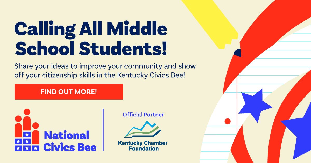 The 2024 National Civics Bee competition is underway! Kentucky middle school students are invited to submit essays on issues facing their community for the chance to participate in a regional live quiz competition this spring! Learn more at kychamber.com/kycivicsbee!