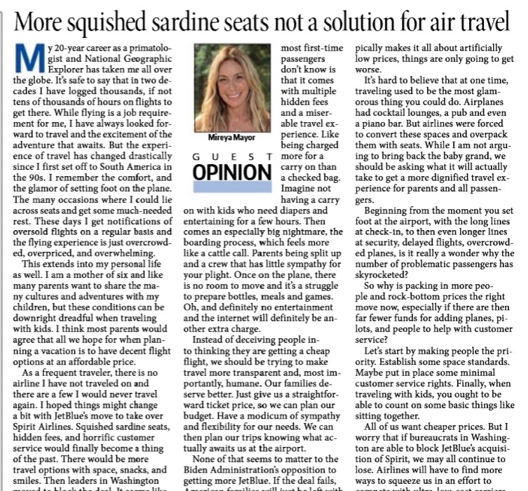 National Geographic Explorer &amp; mom of 6 <a href="/mireyamayor/">Dr. Mireya Mayor</a> on JetBlue-Spirit merger, "If the deal fails American families will just be left with more terrible travel options. Yes we want to pay less. But we also want airlines to do more. To allow us to travel with our dignity intact."
