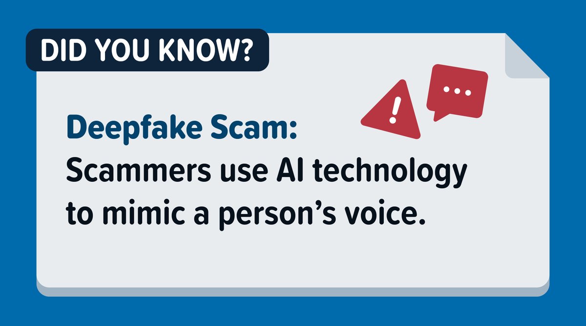 Deepfake voice scams can mimic a persons' voice to call loved ones, asking for money or other goods! 💸 If you’re suspicious: 1️⃣ End the call. 2️⃣ Phone the person back using the number you have saved for them to confirm their identity. #cyberscams #ai #aiscams