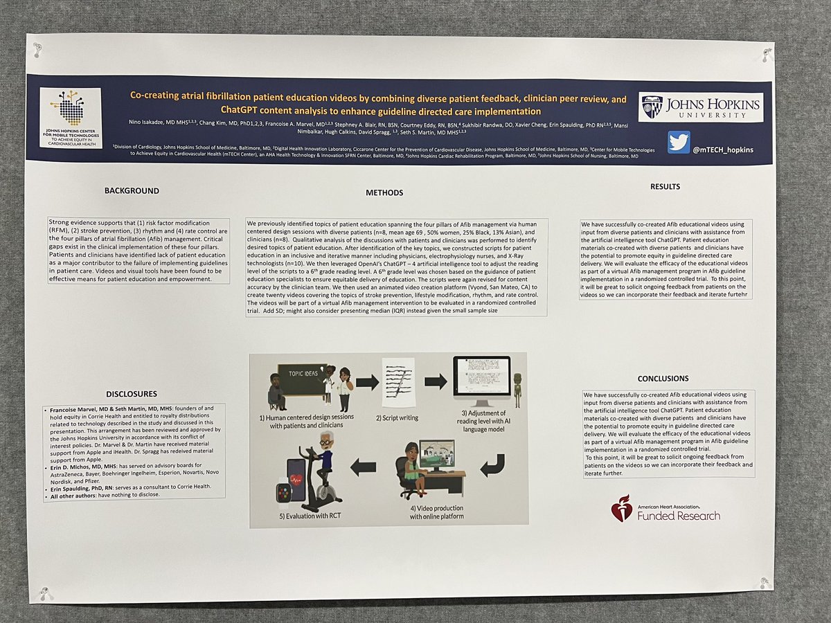mTECH (@mtech_hopkins) on Twitter photo Happening now! Join <a href="/NinoIsakadze/">Nino Isakadze</a> presenting “Co-Creating Atrial Fibrillation Patient Education Videos by Combining Diverse Patient Feedback, Clinician Peer Review, and ChatGPT Content Analysis to Enhance Guideline-Directed Care Implementation”
#AHA23 <a href="/American_Heart/">American Heart Association</a> <a href="/AHAScience/">AHA Science</a> Happening now! Join <a href="/NinoIsakadze/">Nino Isakadze</a> presenting “Co-Creating Atrial Fibrillation Patient Education Videos by Combining Diverse Patient Feedback, Clinician Peer Review, and ChatGPT Content Analysis to Enhance Guideline-Directed Care Implementation”
#AHA23 <a href="/American_Heart/">American Heart Association</a> <a href="/AHAScience/">AHA Science</a>