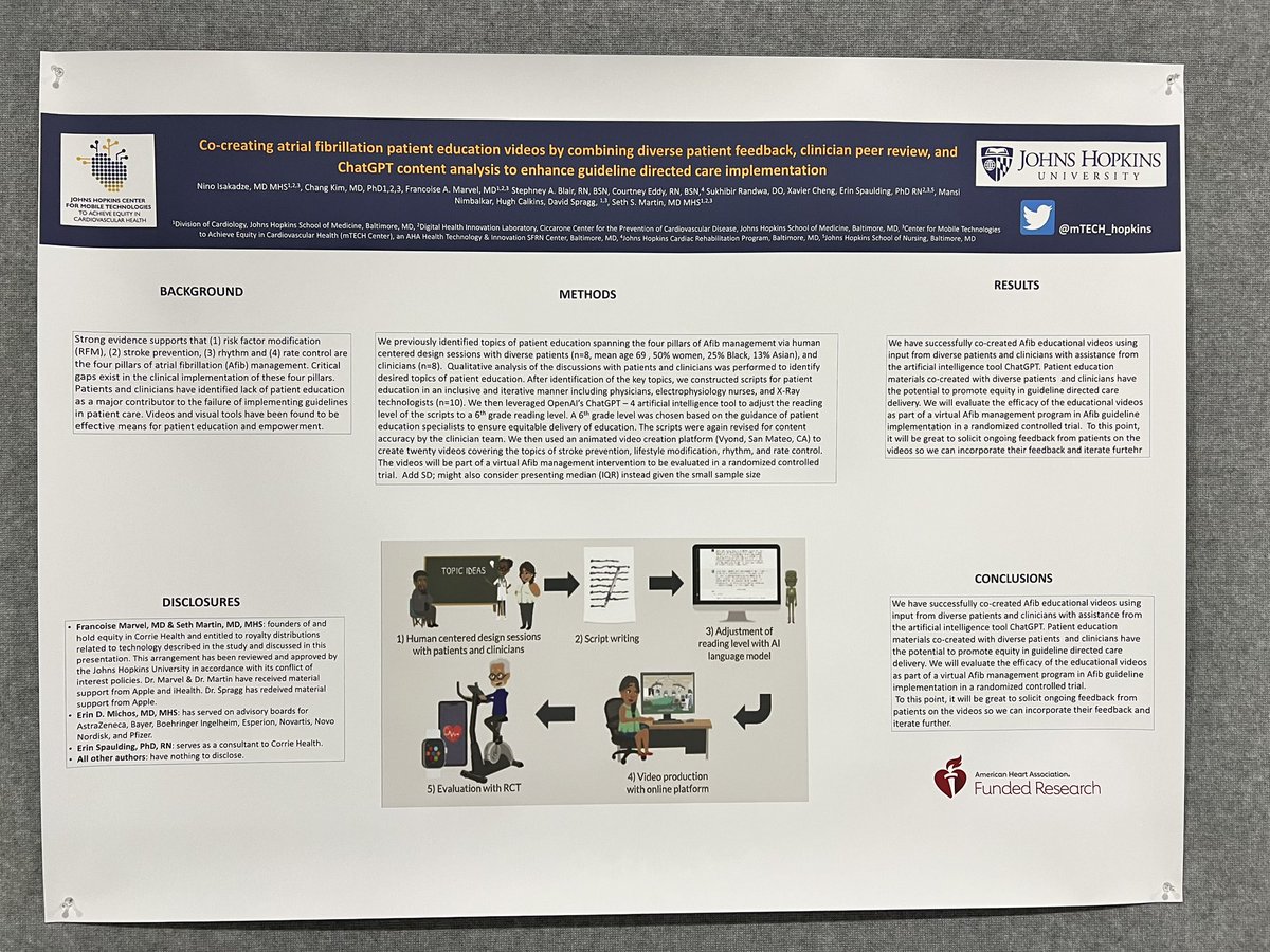 Happening now! Join @NinoIsakadze presenting “Co-Creating Atrial Fibrillation Patient Education Videos by Combining Diverse Patient Feedback, Clinician Peer Review, and ChatGPT Content Analysis to Enhance Guideline-Directed Care Implementation” #AHA23 @American_Heart @AHAScience