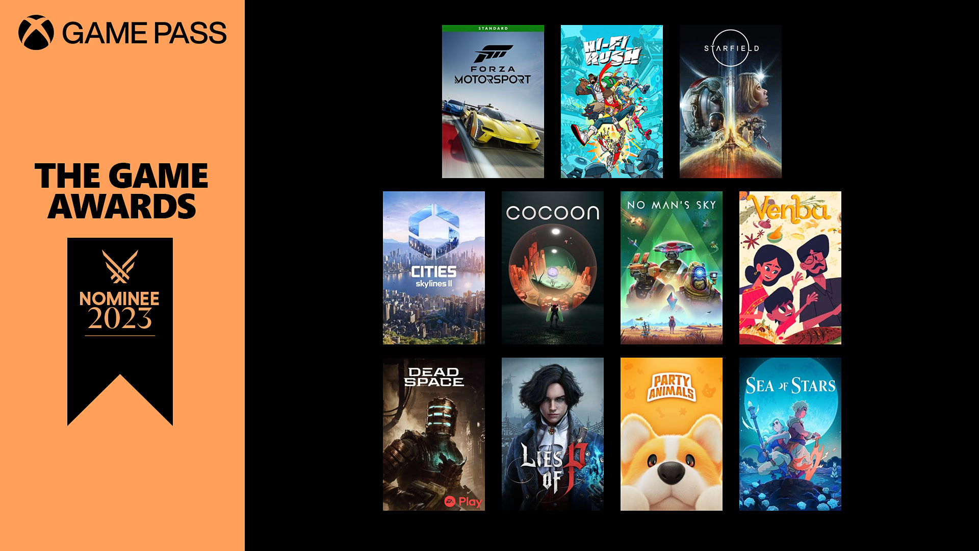 Orange and black graphic with headline “The Game Awards” and “Nominee 2023” on a banner icon on left side with the Xbox Game Pass logo. On the right side the key art for thirteen video games can be seen: Forza Motorsport, Hi-Fi RUSH, Starfield, Cities Skyline II, Cocoon, No Man’s Sky, Venba, Sea of Stars, Dead Space, Lies of P, Party Animals, League of Legends, and Valorant.