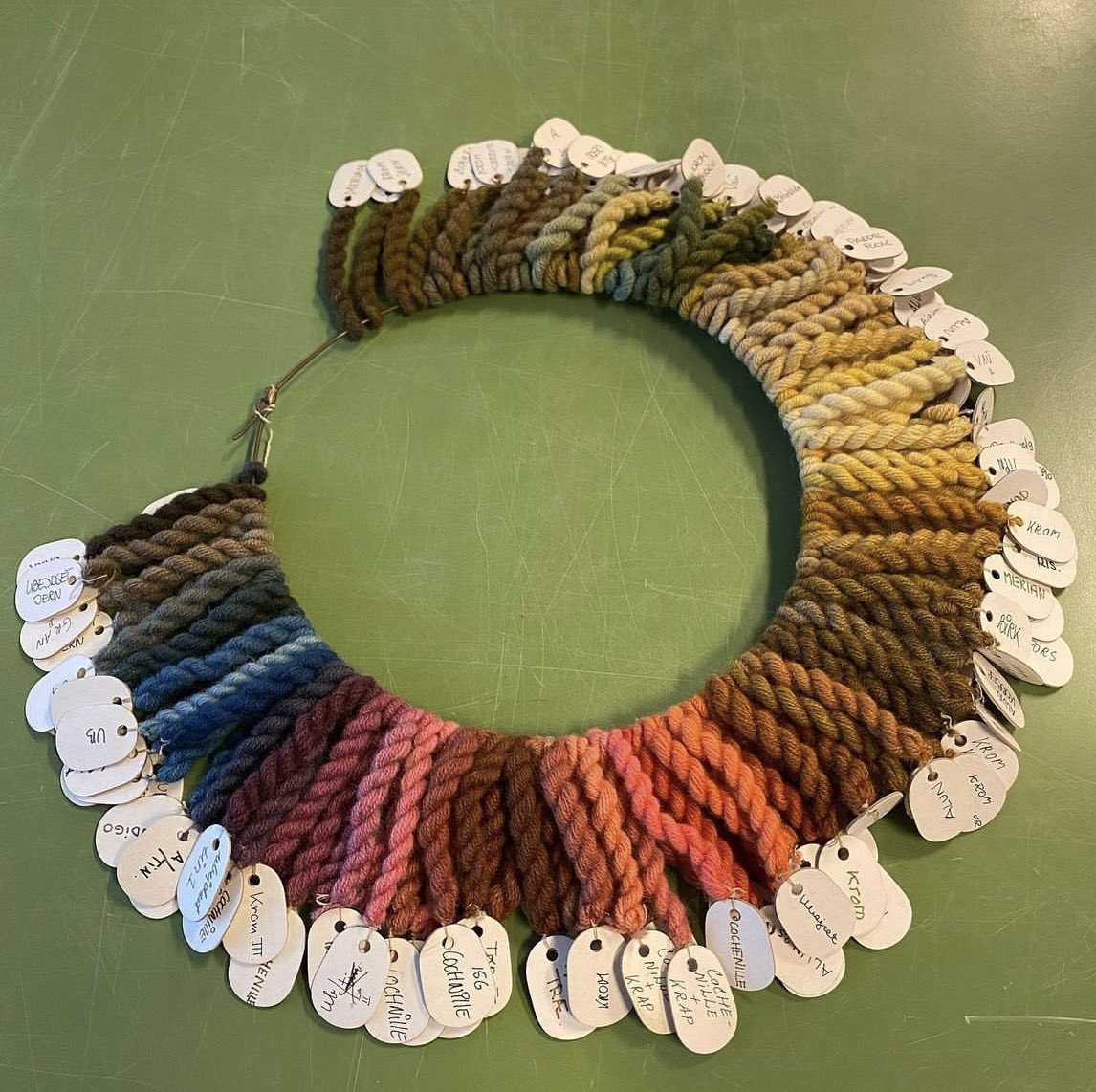This colour circle of naturally dyed yarns were dyed in 1970 and still look vibrant today, over fifty years later. They include madder, indigo, cochineal and weld. Part of a collection from Denmark’s Teaching High School via museummidtjylland.dk