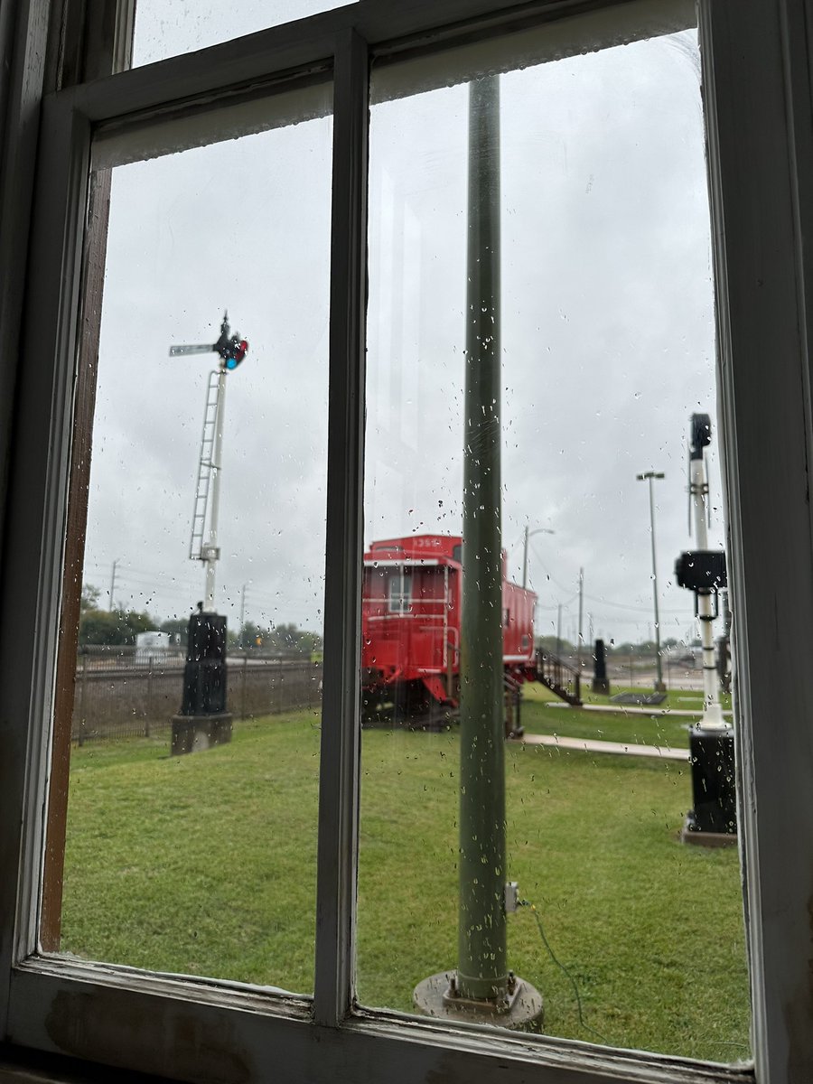 railstream's tweet image. A bit too wet for outdoor work today. Here’s our view from the Tower at the Rosenberg #railroad museum 

#rainyday #trainsarecool