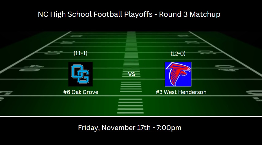 🏈NC High School Football Playoffs 3A
#6 Oak Grove @ #3 West Henderson
Game Preview: Round 3
Oak Grove (11-1)
Passing Leader: Connor Creech 1360 yards 15 td's
Rushing Leader: Karson Williams 1198 yards 17td's
Receiving Leader:Jake Smith 492 yards 6 td's
Team Averaging 41.8 points