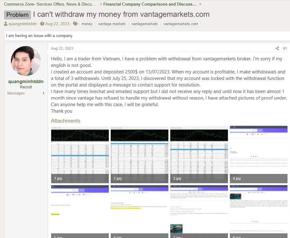SebastianWeb71's tweet image. 🔍 Deep dive into online forums revealed a disturbing trend at Vantage Markets. My friend's nightmare of frozen funds isn't unique – it's a part of a worrying pattern. #VantageMarkets #OnlineTrading

forexpeacearmy.com/community/thre…