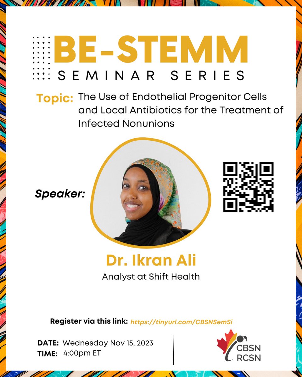 Join us for the next seminar series on Nov 15, where Dr. Ikran Ali will share her research on using stem cells and local antibiotics to treat infected nonunions. Learn how this innovative method can help trauma patients with bone healing. Register now: tinyurl.com/CBSNSemSi