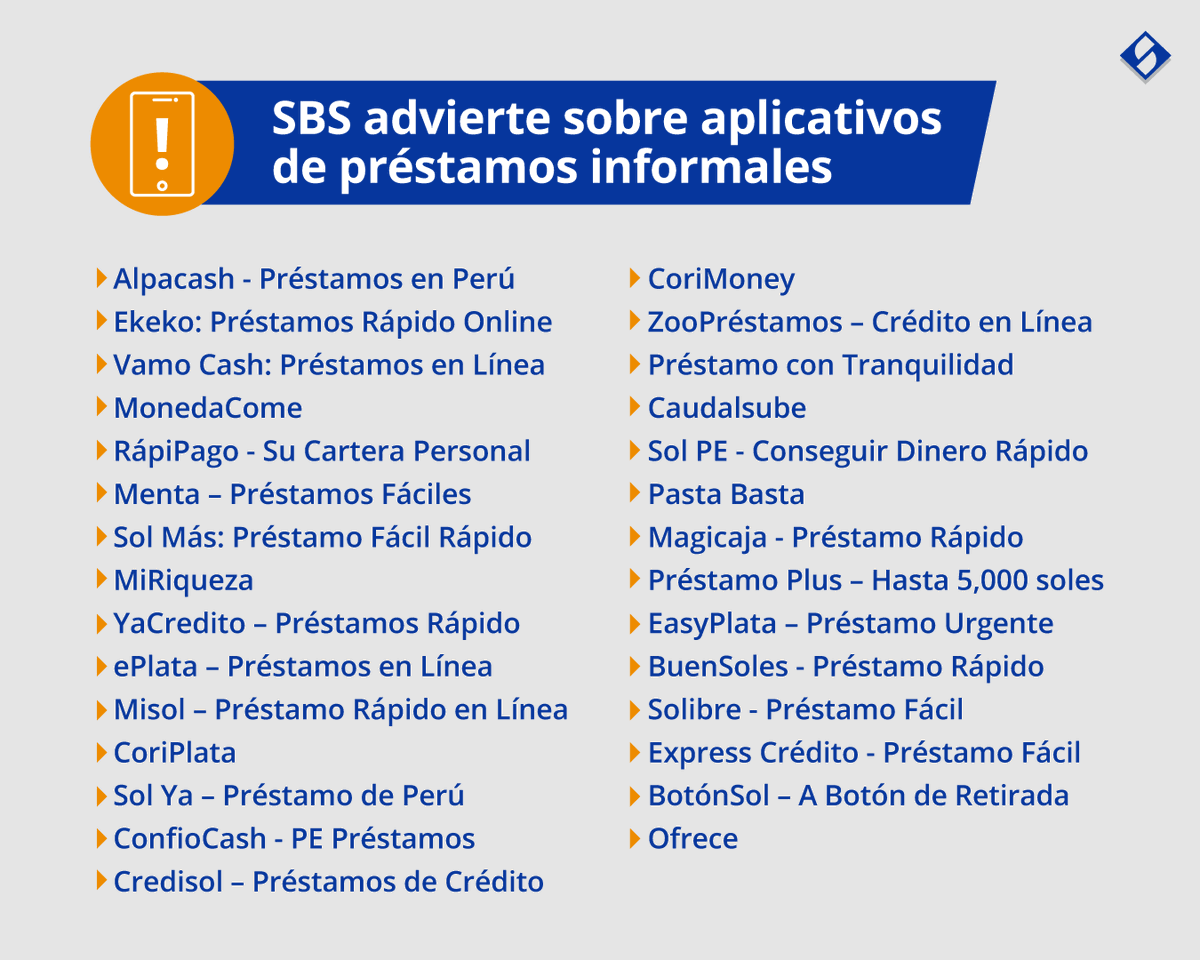 SBSPERU's tweet photo. 🔴¡Atención! ❌No te descargues ni solicites créditos en estos aplicativos. La #SBSPerú ha identificado esta lista de aplicaciones de préstamos informarles y advierte sobre el riesgo de acceder a ellos. Lee la nota completa aquí👉 https://t.co/2S7sMqvl4U https://t.co/TB6yAXgvf1