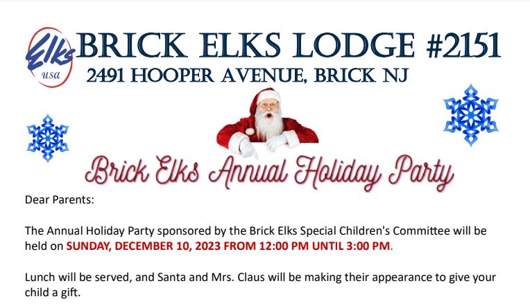 BtpsSrvcs's tweet photo. Join the Brick Elks for their Annual Holiday Party sponsored by the Brick Elks Special Children's Committee. The party will be held on Sunday, 12/10/23 from 12-3.  Registration is limited to the first 125 children to return the slip found here:  https://t.co/jZzYsyenDP https://t.co/2xnhCPpG9F