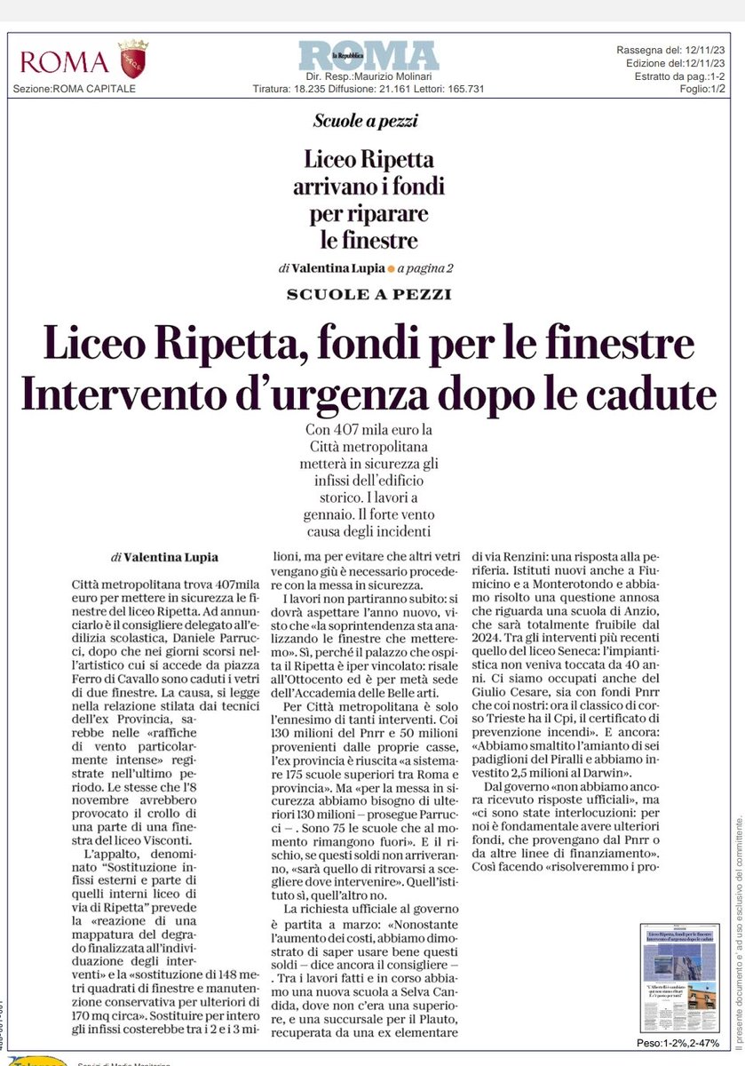 Daniele Parrucci (@danieleparrucci) on Twitter photo 📰RASSEGNA STAMPA
Con 407mila euro reperiti d'urgenza, la <a href="/CittaMetroRoma/">CittaMetroRoma</a> interverrà per la messa in sicurezza degli infissi del Liceo Ripetta.
L'articolo su Repubblica 🗞️ 📰RASSEGNA STAMPA
Con 407mila euro reperiti d'urgenza, la <a href="/CittaMetroRoma/">CittaMetroRoma</a> interverrà per la messa in sicurezza degli infissi del Liceo Ripetta.
L'articolo su Repubblica 🗞️