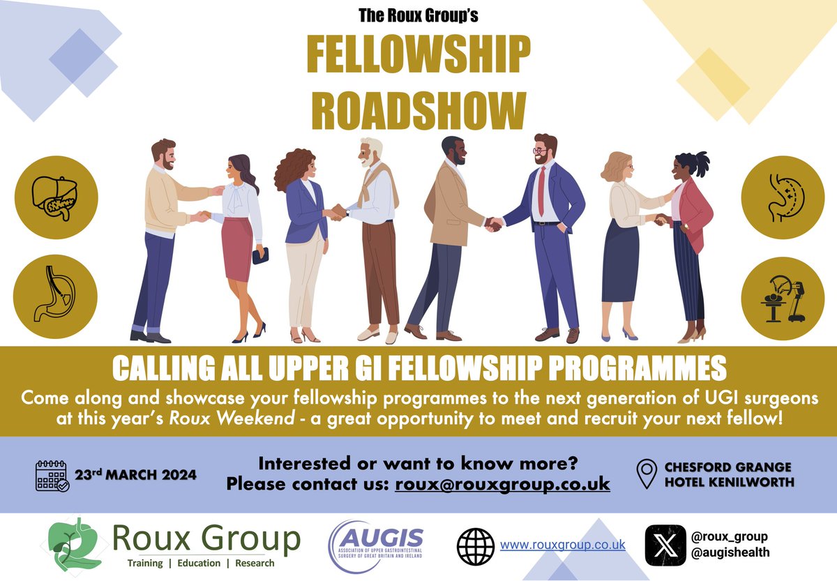 📢 Calling all Upper GI Fellowship Programmes! The Roux Weekend 2024 has a fantastic programme lined up including THE FELLOWSHIP ROADSHOW! Come along and represent your Upper GI fellowship programme! ⭐️ For further info, please email roux@rouxgroup.co.uk