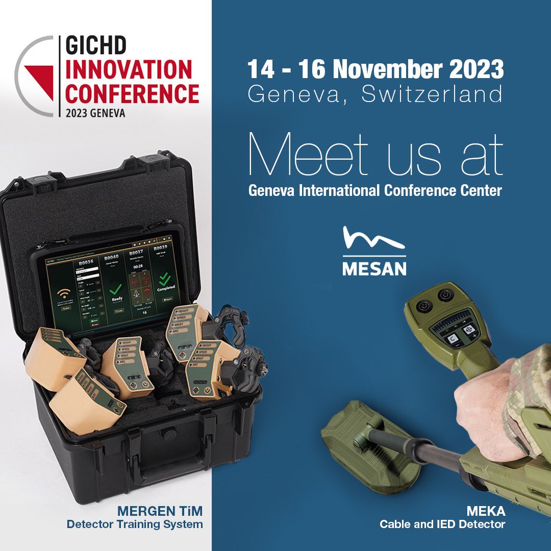 MesanElektronik's tweet image. MESAN MERGEN Eğitim Sistemlerini, GICHD Cenevre Uluslararası İnsani Mayın Temizleme Merkezi İnovasyon Merkezi Konferansı’nda sunmaktan gurur duyuyoruz 🇹🇷

#gichd #InnovationConference2023 #MERGENTİM #MEKA #MineDetector

@jandarma @TC_icisleri @SavunmaSanayii @TSKGnkur @tcsavunma