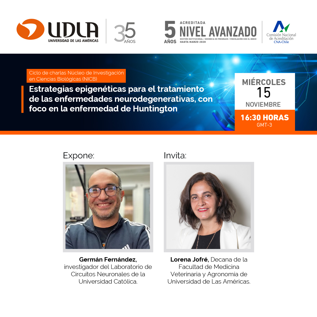 Recordamos invitación a la charla “Estrategias epigenéticas para el tratamiento de las enfermedades neurodegenerativas, con foco en la enfermedad de Huntington”, jornada organizada por el nuevo Núcleo de Investigación en Ciencias Biológicas (<a href="/NICB_UDLA/">Núcleo de Investigación en Ciencias Biológicas</a>) de <a href="/UDLA_CL/">UDLAChile</a> 👌🏼

#FAVAUDLA