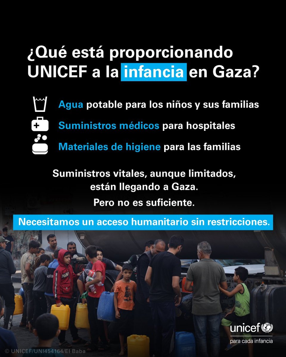 UnicefChile's tweet photo. UNICEF está proporcionando suministros vitales a las familias, pero no es suficiente, se necesita mucho más.

Pedimos un alto al fuego inmediato, acceso humanitario sin restricciones en Gaza y la liberación inmediata y segura de todos los niños y niñas secuestrados. https://t.co/iYhuWiCVeV