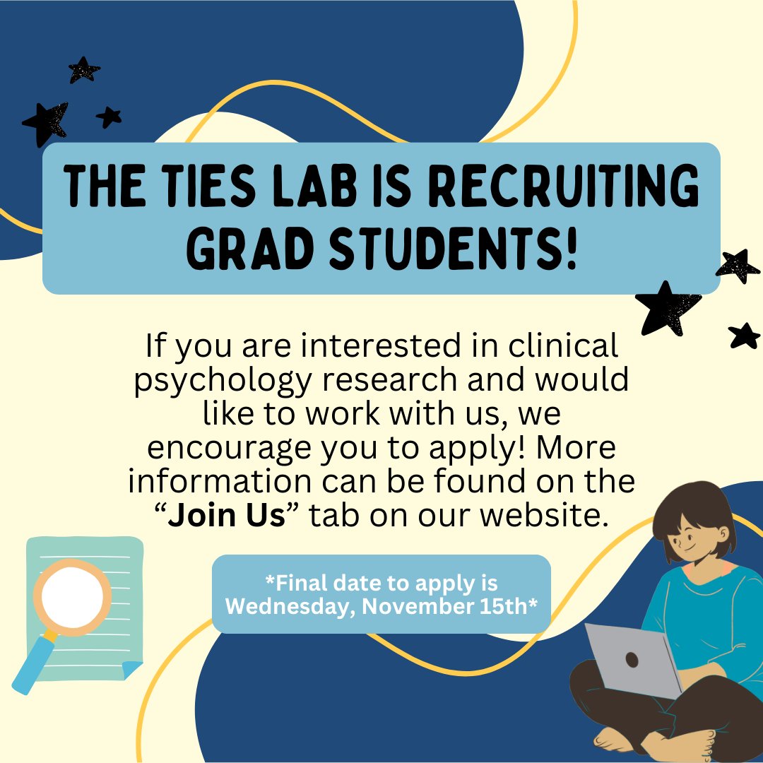 The TIES lab is recruiting grad students! If you are interested, we highly encourage you to apply through the “Join Us” tab on our website! More information on the position can be found there as well. 
*The deadline to apply is this Wednesday, November 15th.*