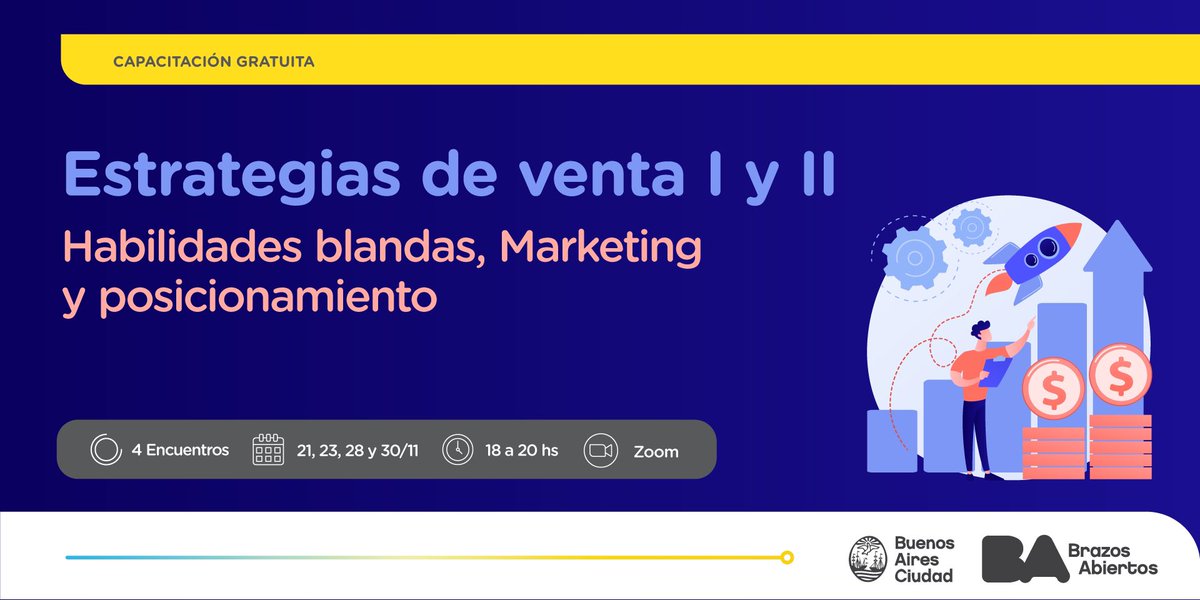 📊 ¡Llegó la capacitación virtual y gratuita “Estrategias de venta I y II”! Aprovechá para ver todo sobre las habilidades blandas, lo importante del marketing y un mejor posicionamiento.

📆 21, 23, 28 y 30/11, de 17 a 19 hs.

✍️ Anotate en bit.ly/EstrategVentas