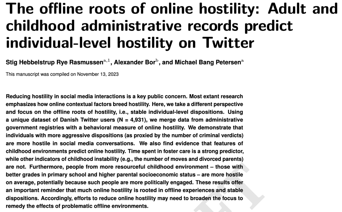 In a new paper, <a href="/stighebbelstrup/">stighebbelstrup</a>, <a href="/boralexander1/">Alexander Bor</a> &amp; I couple administrative records of a random sample of Danes (N = 4,931) to their Twitter profiles: osf.io/2dc8n

More hateful users have many more criminal verdicts

Offline hostility is a key root of online hostility