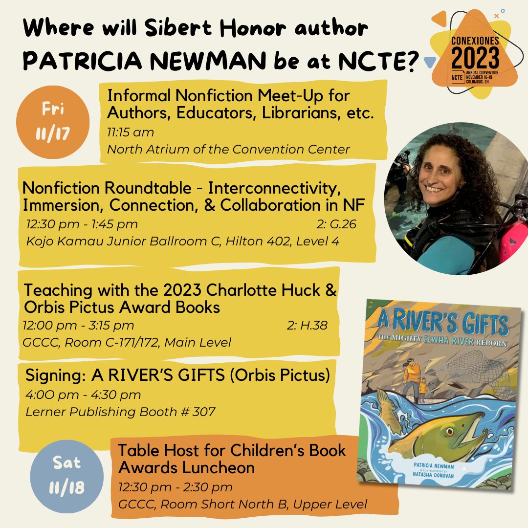 Are you going to #ncte23? Let's meet up. Here's where I'll be... 
I'm looking forward to connecting with you!
<a href="/LernerBooks/">Lerner Books</a> <a href="/EastWestLit/">East West Literary</a> #nfjoy @SteamTeamBooks <a href="/Soaring20sPB/">Soaring20sPB</a> <a href="/2021derfuls/">⭐️The Dream Team!⭐️</a> <a href="/SCBWINorthCal/">SCBWI California North/Central Region</a> <a href="/scbwi/">scbwi</a> <a href="/ncte/">National Council of Teachers of English (NCTE)</a>