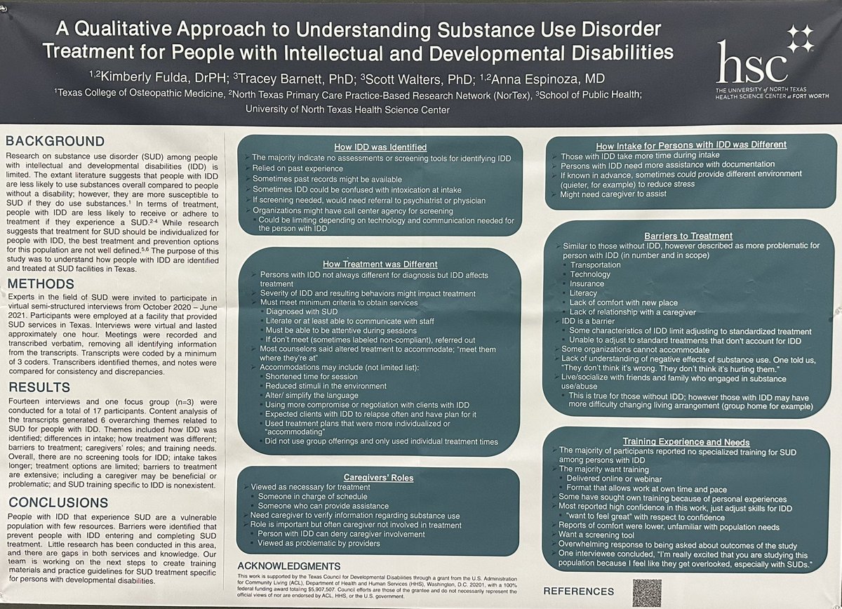 KimFulda's tweet image. Here’s our poster presentation from today on our work on substance use disorder and intellectual and developmental disabilities.  Lots of great research on disabilities presented at the American Public Health Association! #APHA2023