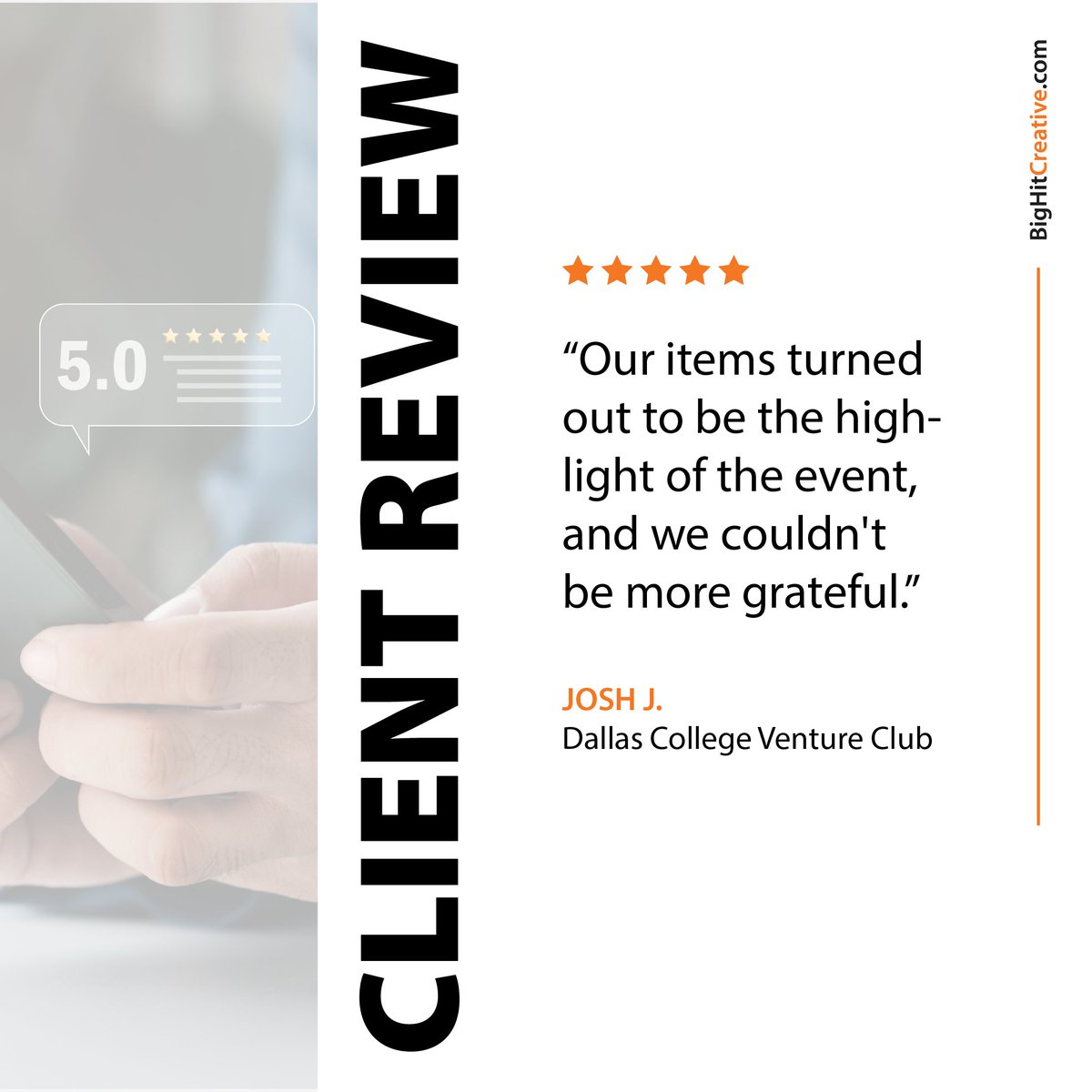 Bighitdigital's tweet photo. Making our customers happy is what fuels our passion! We’re thrilled to receive another positive review, and we’ll keep striving to provide the best products.

Contact us today at info@bighitcreative.com or 972.850.7312 to explore what best suits your brand.

#smallbiz #gogrind https://t.co/RTTxABraPT
