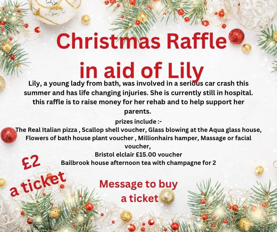 We are running a Christmas raffle in aid of Lily
Lots of great prizes from local independent businesses. 
The raffle will be drawn on the 20th December. 
£2 a ticket
Message to buy a ticket. 
<a href="/ThePigGuide/">ThePrandialPlayground</a>