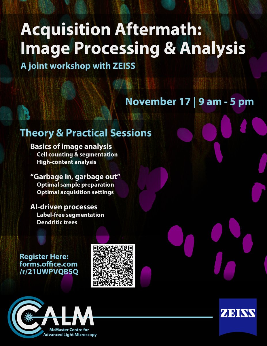 A reminder to register to our image analysis workshop with <a href="/zeiss_micro/">ZEISS Microscopy</a>, happening this Friday at McMaster University! Through a mix of lectures and hands-on sessions, learn about image segmentations, common pitfalls and the use of AI workflows. Register: forms.office.com/r/21UWPVQB5Q